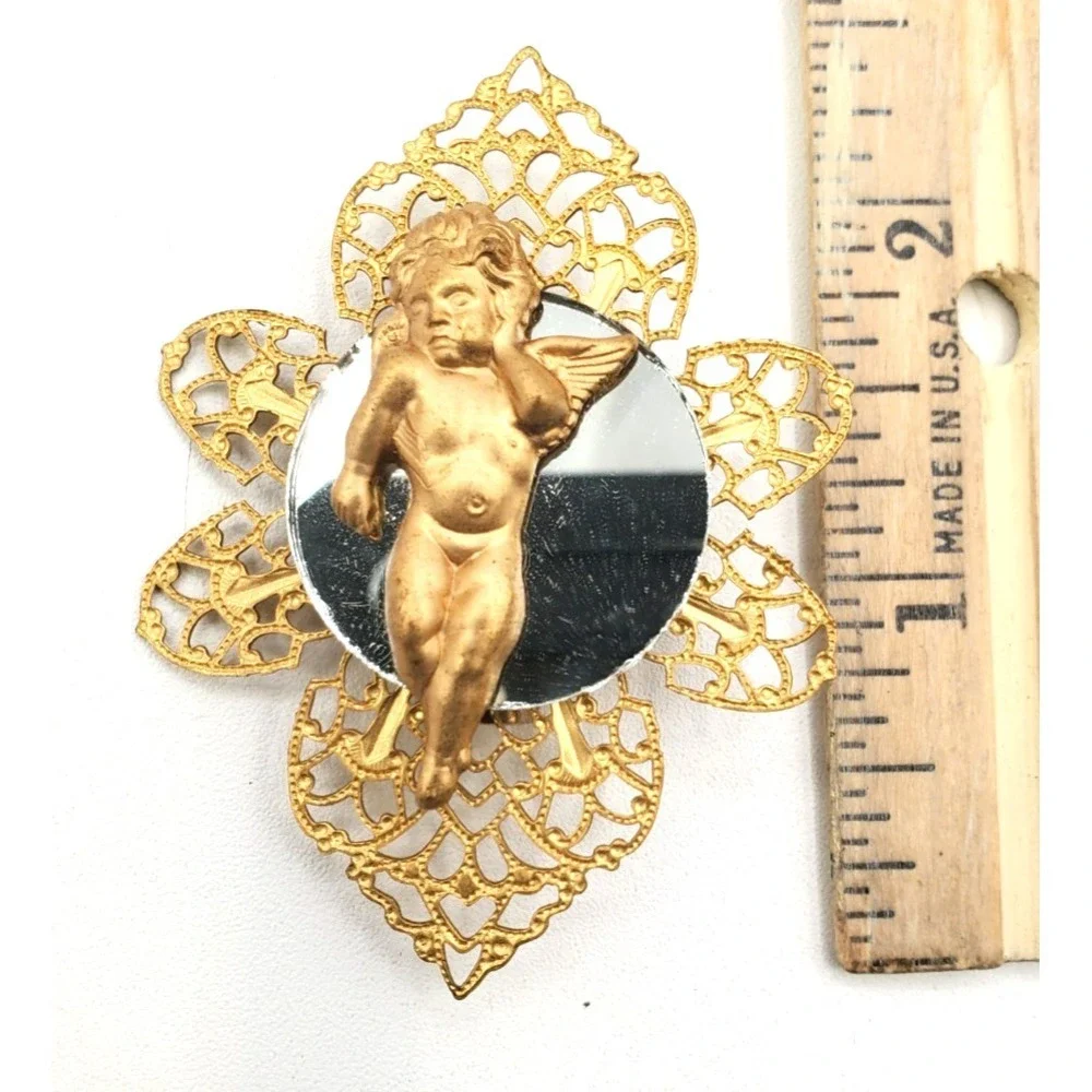 Vintage Cherub Mirror Brooch Gold Tone Filigree Putti Angel Victorian Revival